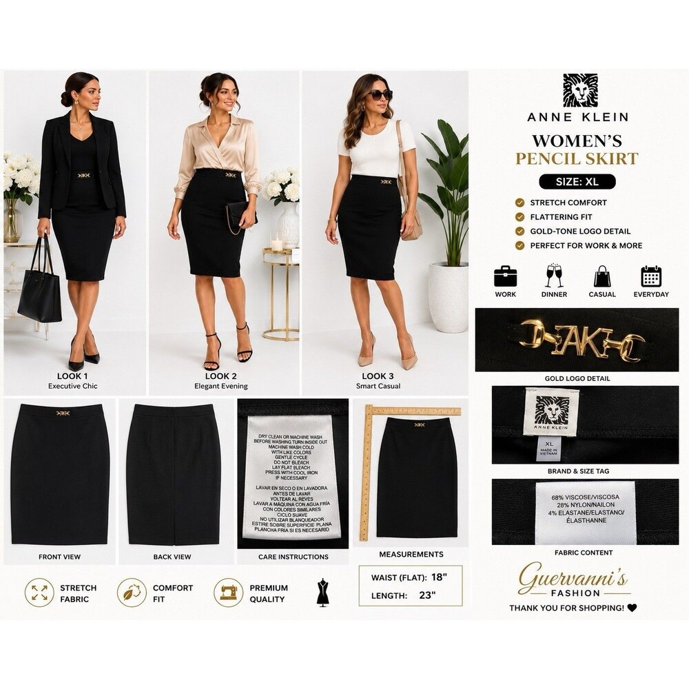 ANNE KLEIN Women's Black Pencil Skirt SZ XL Gold Logo Stretch Career Work NWOT